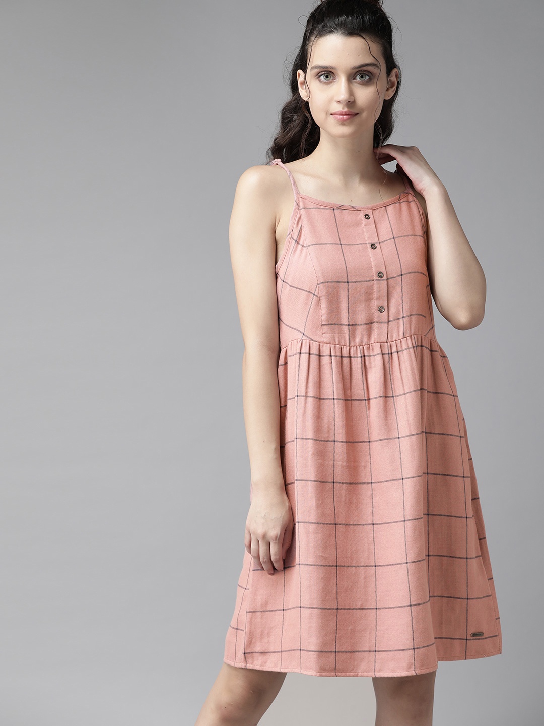 

The Roadster Lifestyle Co Women Pink & Navy Pure Cotton Checked A-Line Dress