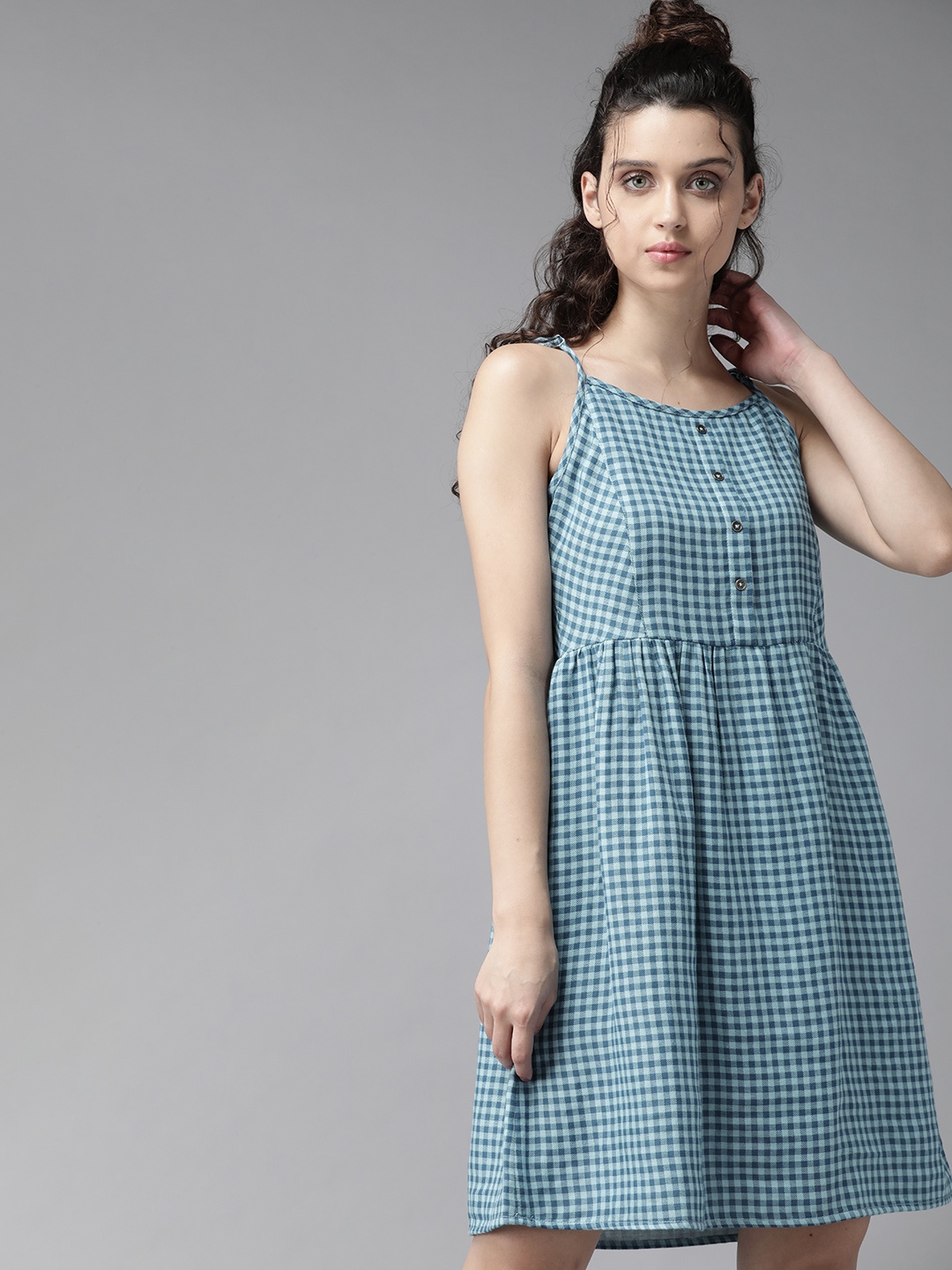 

The Roadster Lifestyle Co Women Blue Pure Cotton Checked A-Line Dress