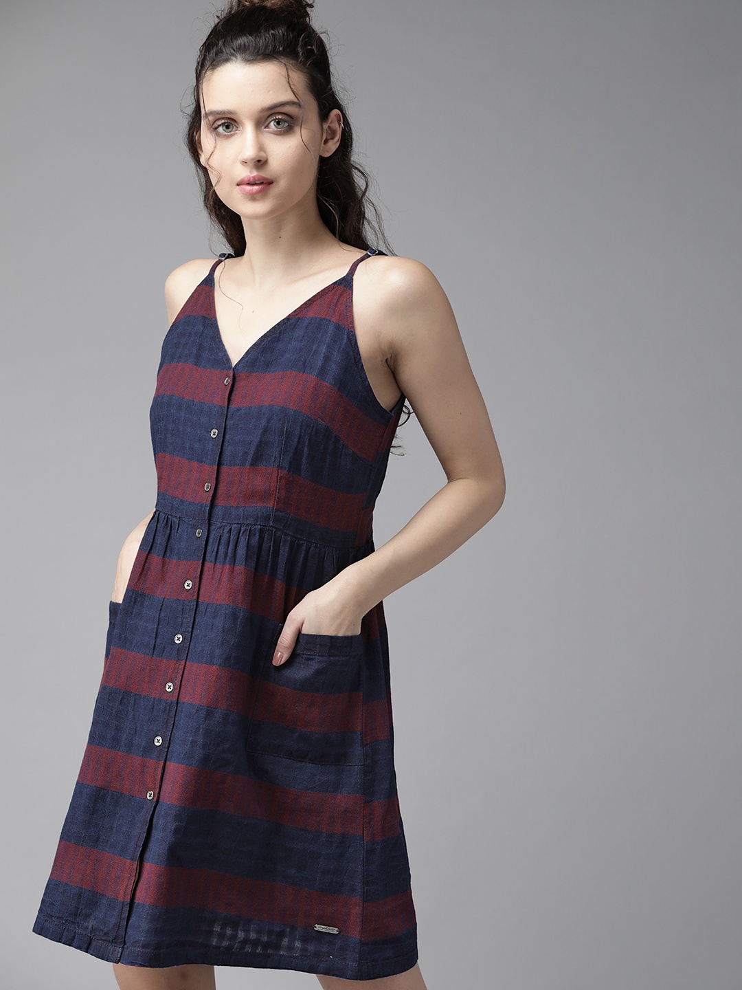 

The Roadster Lifestyle Co Women Navy & Maroon Pure Cotton Striped A-Line Dress, Navy blue