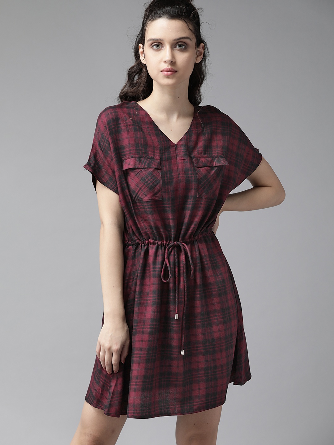 

The Roadster Lifestyle Co Women Maroon Black Checked A-Line ECOVERO Dress