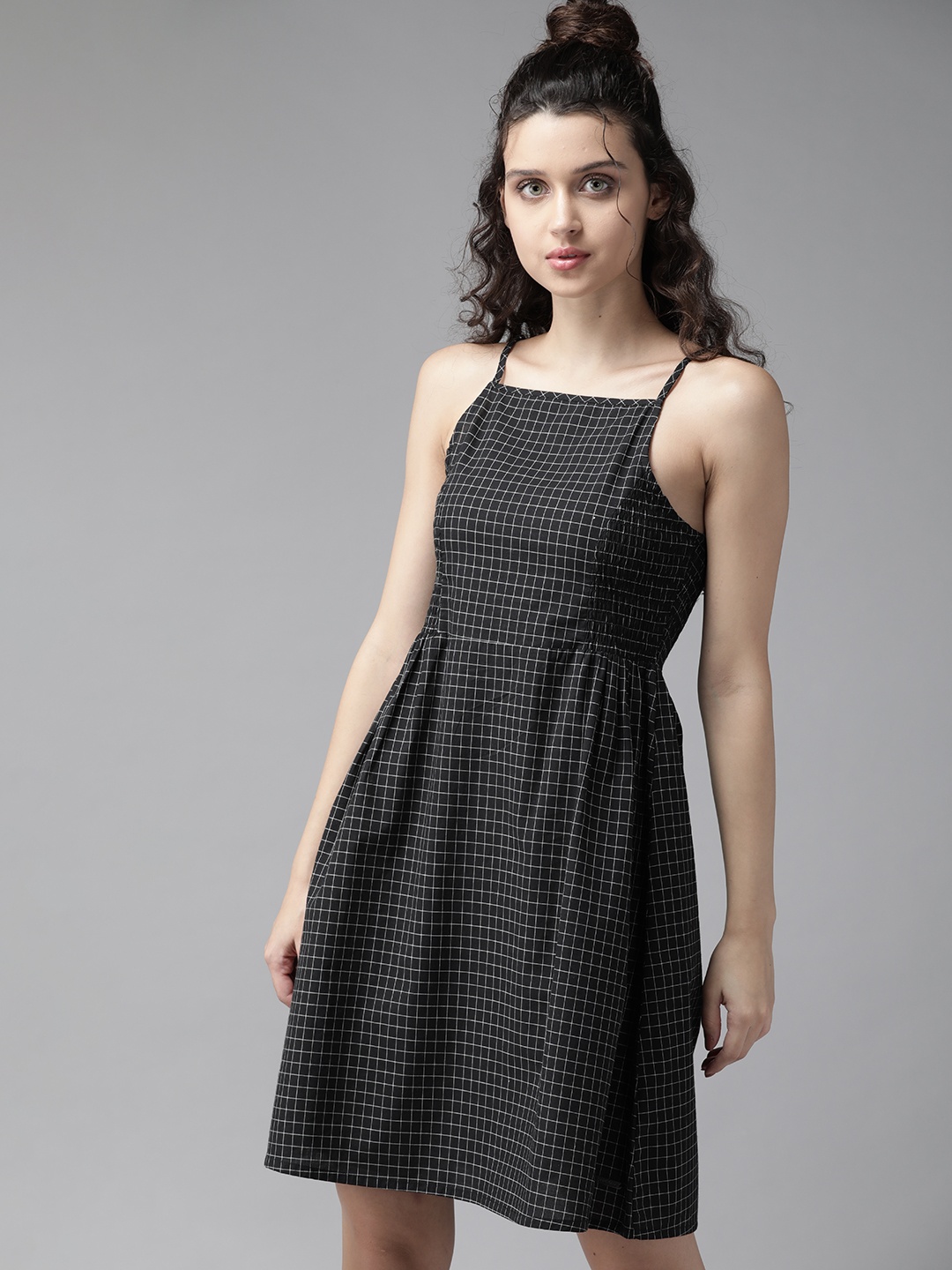 

The Roadster Lifestyle Co Women Black & Off-White Pure Cotton Checked A-Line Dress