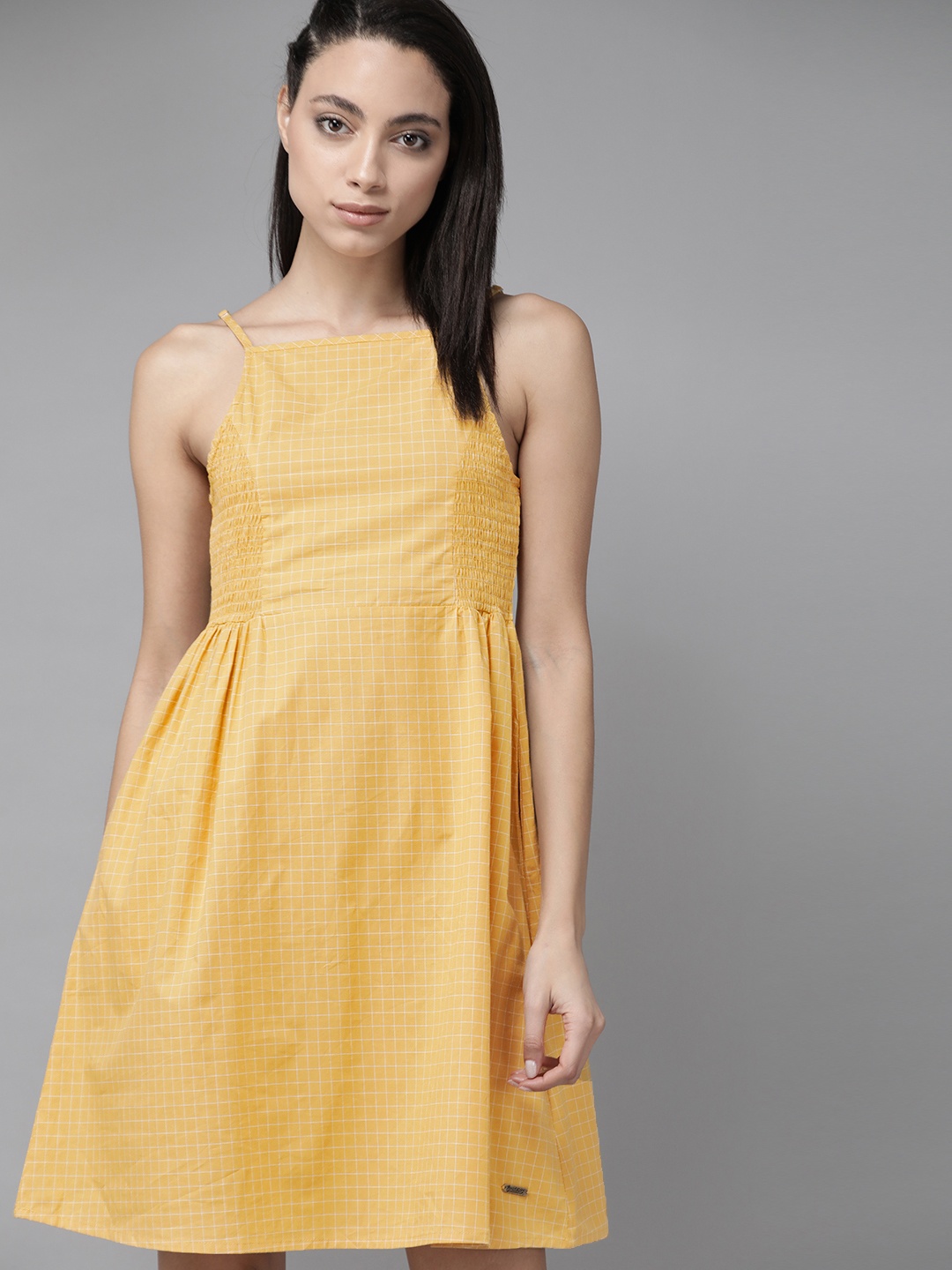 

The Roadster Lifestyle Co Women Mustard Yellow & Off-White Pure Cotton Checked A-Line Dress