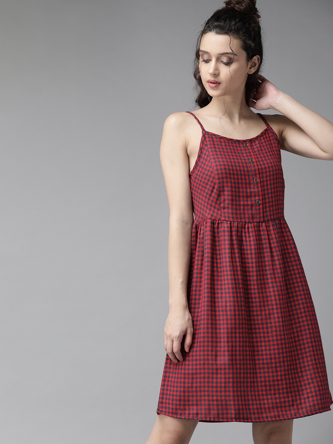 

The Roadster Lifestyle Co Women Red & Navy Pure Cotton Checked A-Line Dress