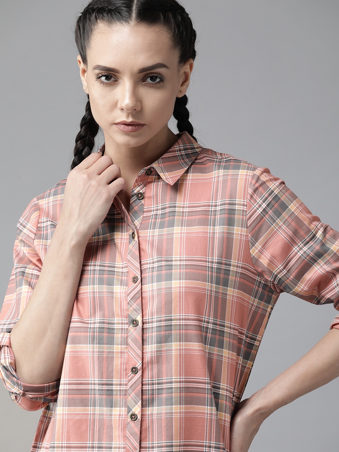 

Roadster Women Pink Grey Pure Cotton Checked Casual ECOVERO Shirt