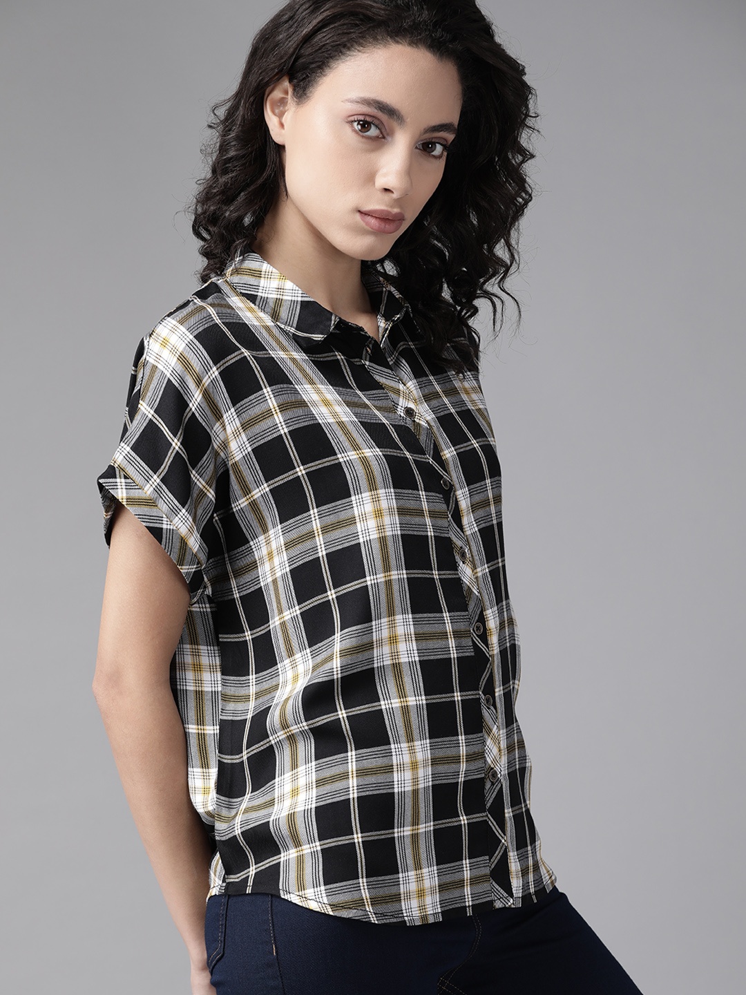 

The Roadster Lifestyle Co Women Black & White Ecovero Checked Casual Shirt