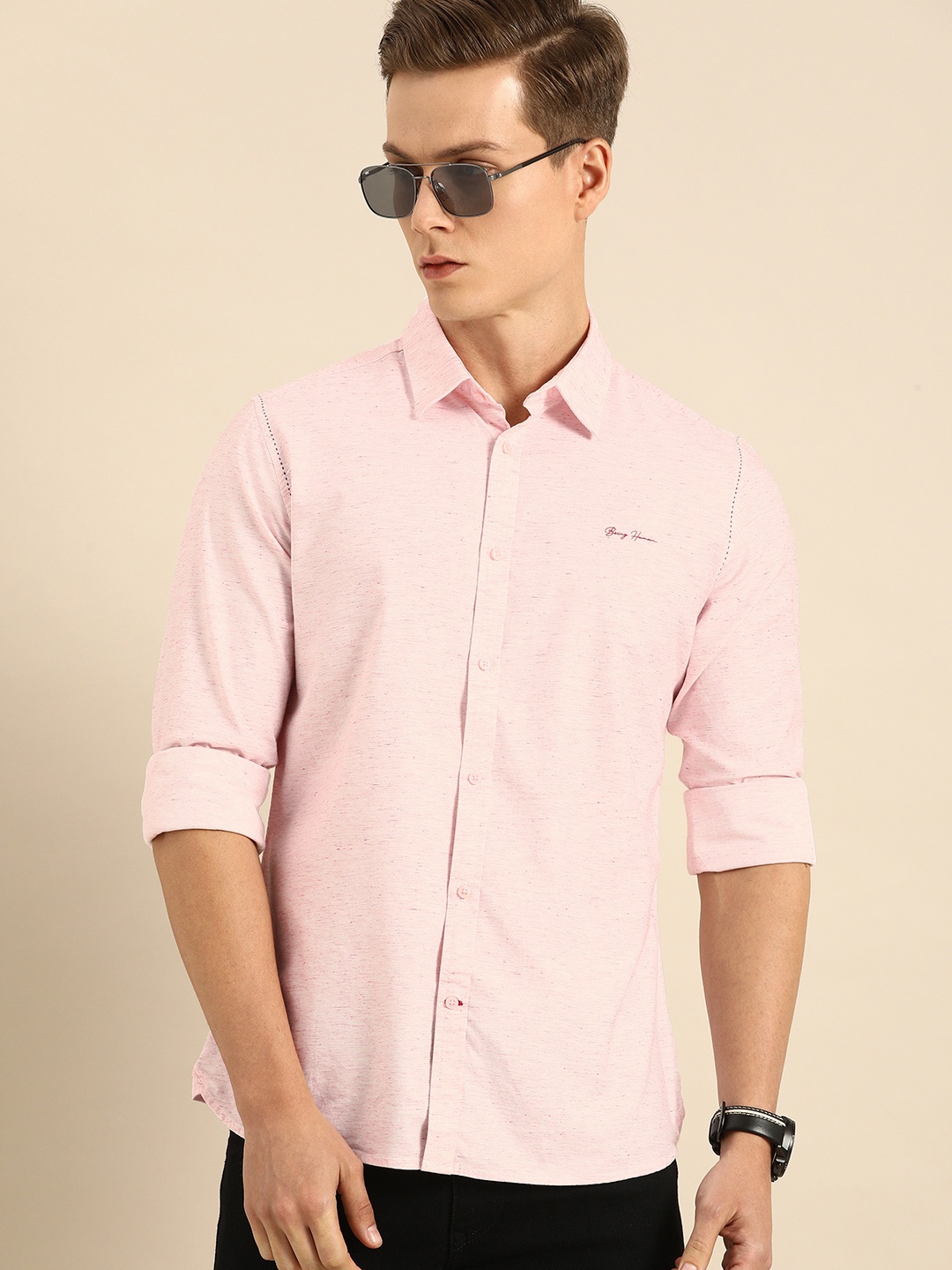 

Being Human Men Pink Slim Fit Solid Chambray Casual Shirt