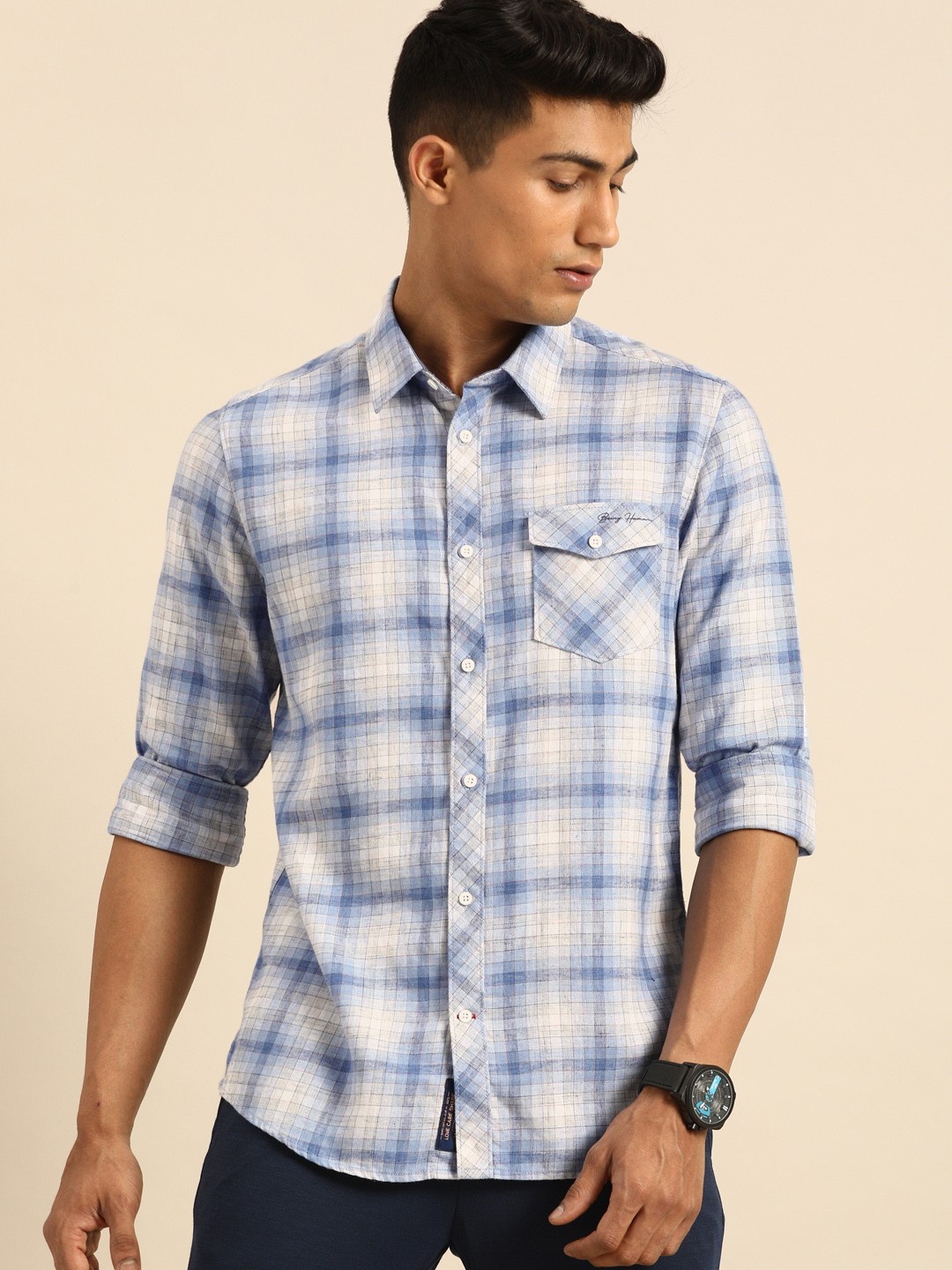 

Being Human Men Blue & White Slim Fit Checked Casual Shirt