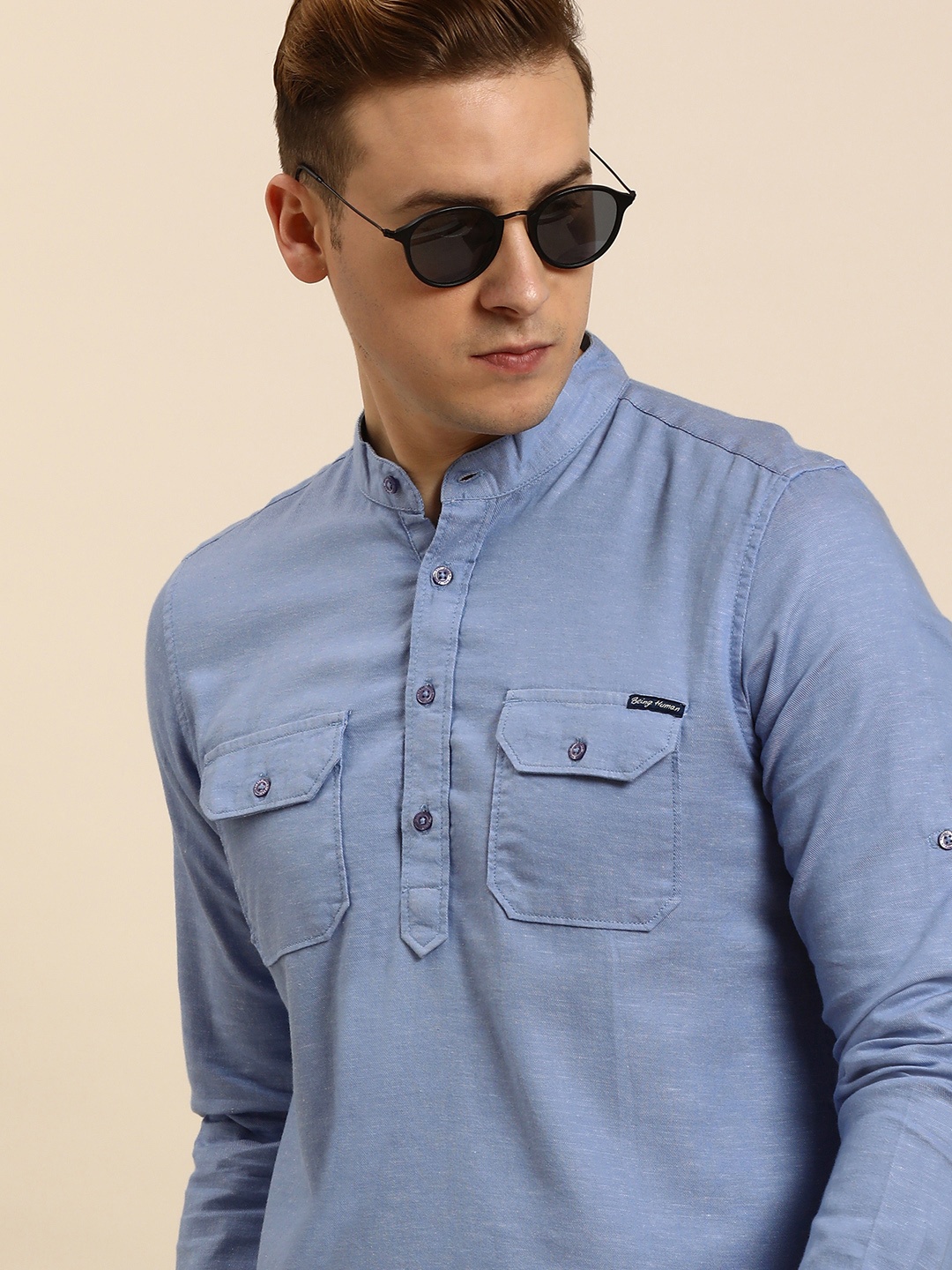 

Being Human Men Solid Opaque Slim Fit Casual Shirt With Chest Pockets, Blue