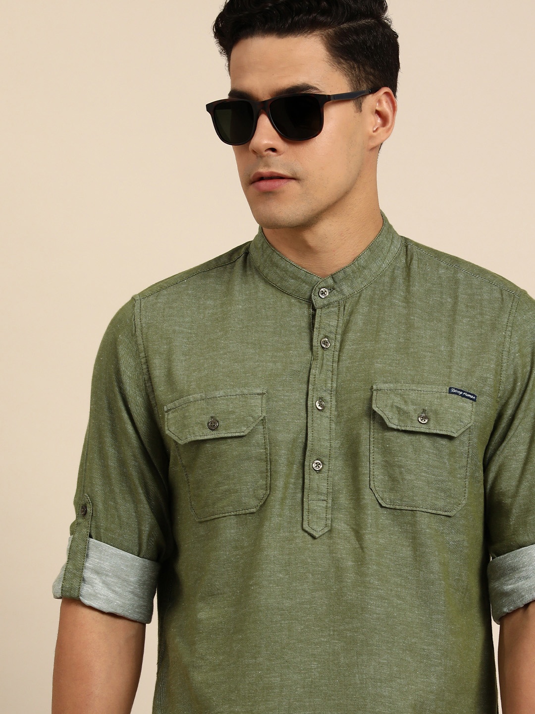 

Being Human Men Solid Mandarin-Collar Slim Fit Cotton Linen Casual Shirt, Olive