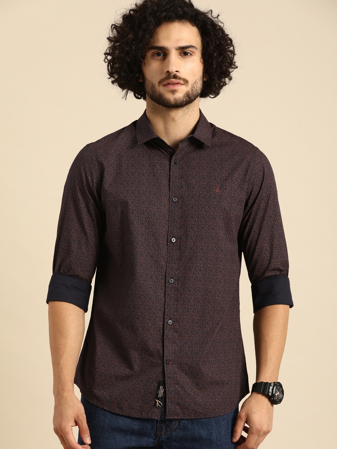 

Being Human Men Navy Blue & Rust Slim Fit Printed Casual Shirt