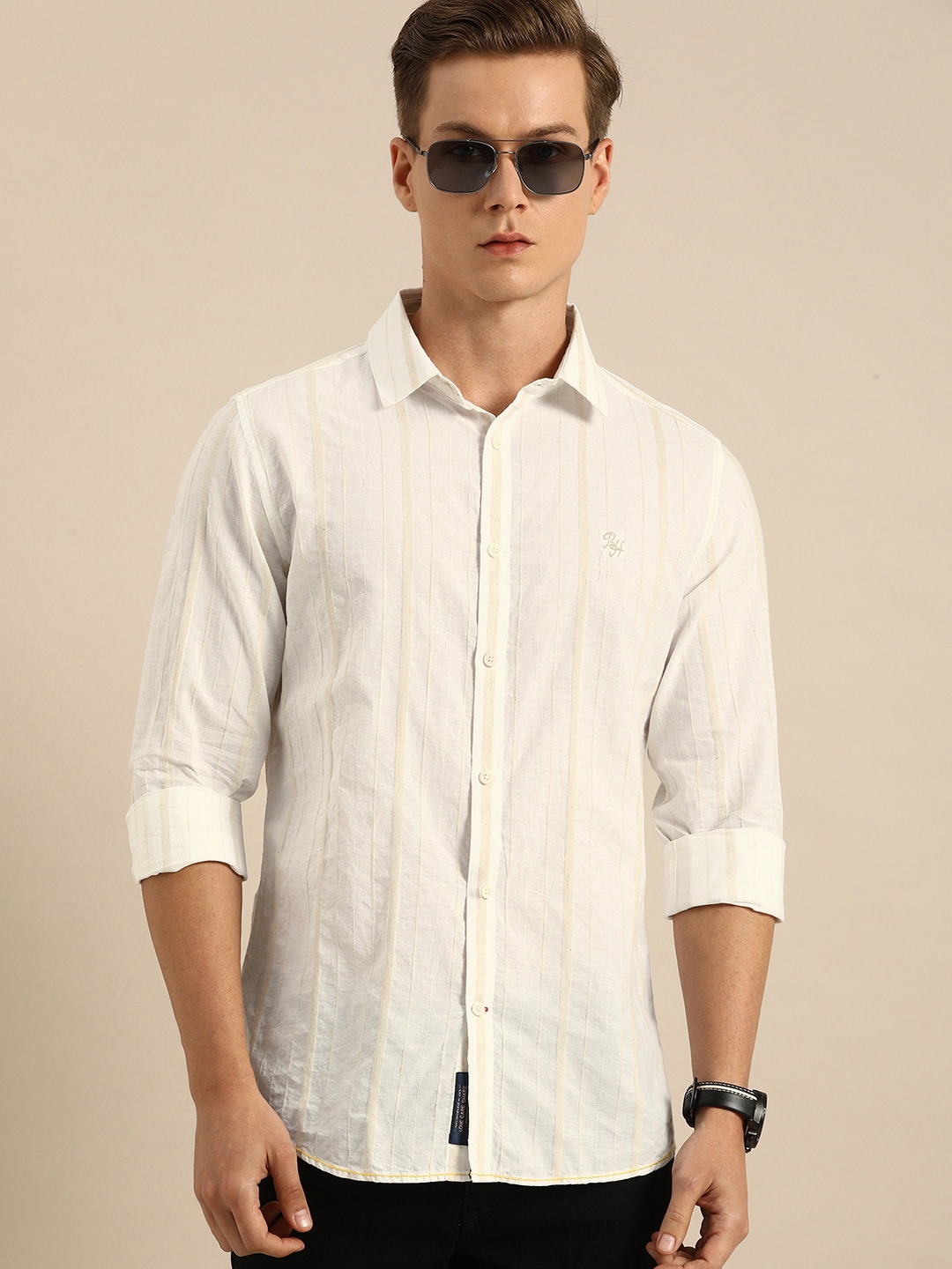 

Being Human Clothing Men White & Beige Slim Fit Striped Casual Shirt