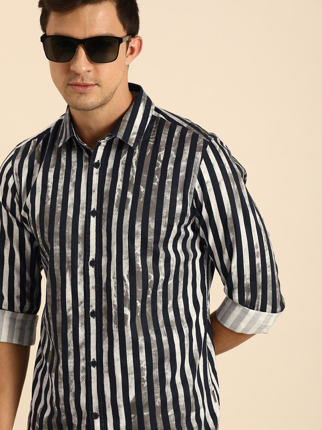 

Being Human Men Black & White Slim Fit Striped Casual Shirt