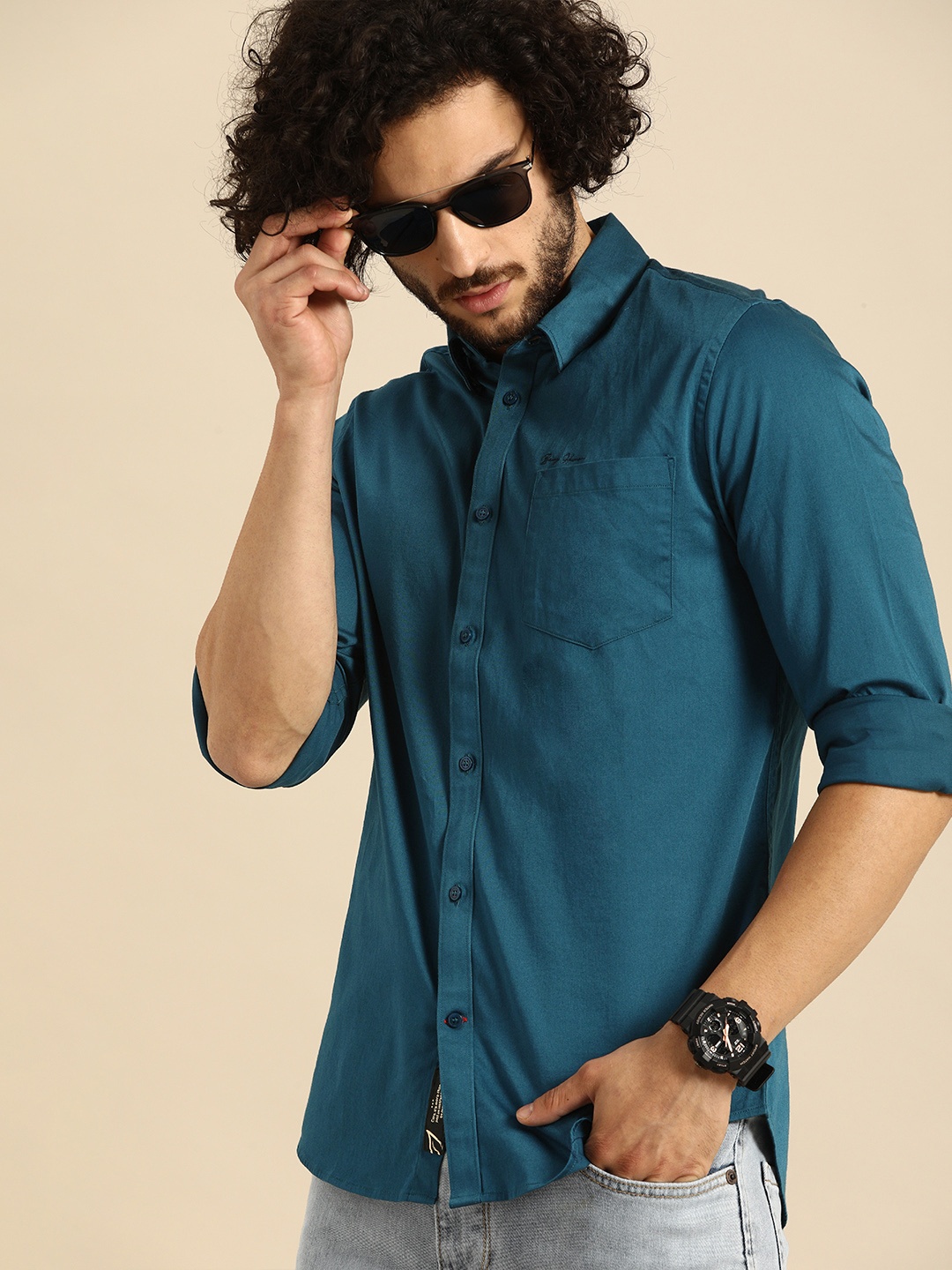 

Being Human Clothing Men Teal Blue Slim Fit Solid Casual Shirt
