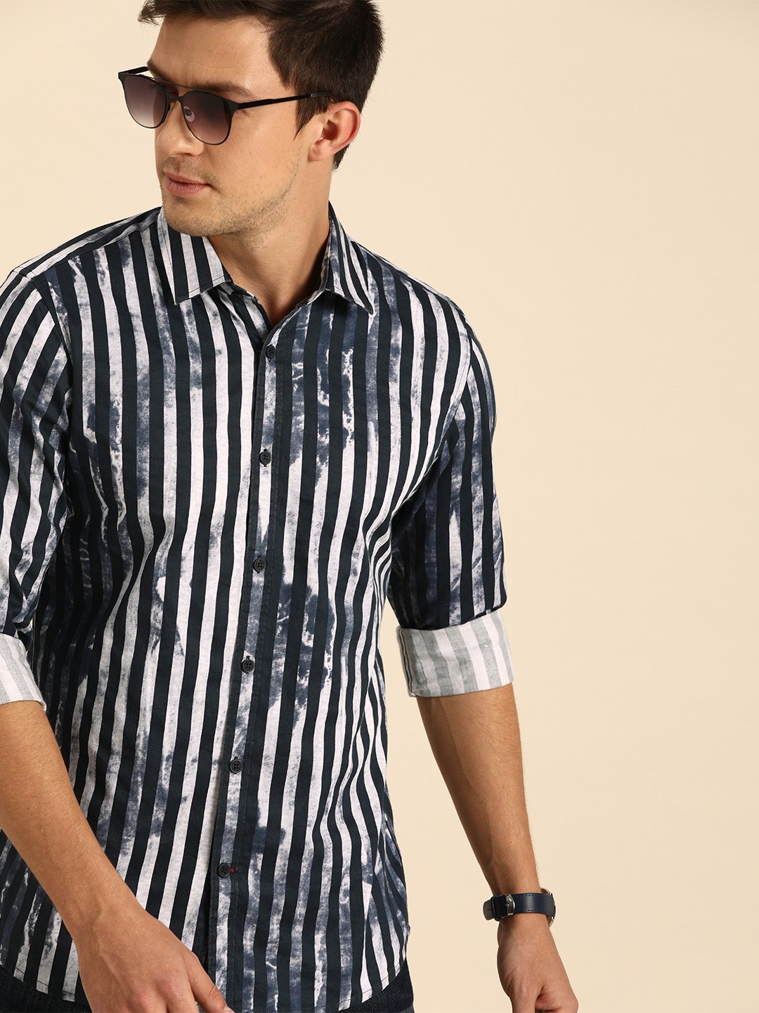

Being Human Men Navy Blue & White Slim Fit Striped Casual Shirt
