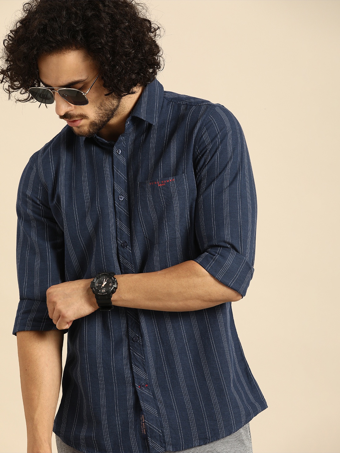 

Being Human Men Navy Blue & White Slim Fit Striped Casual Shirt