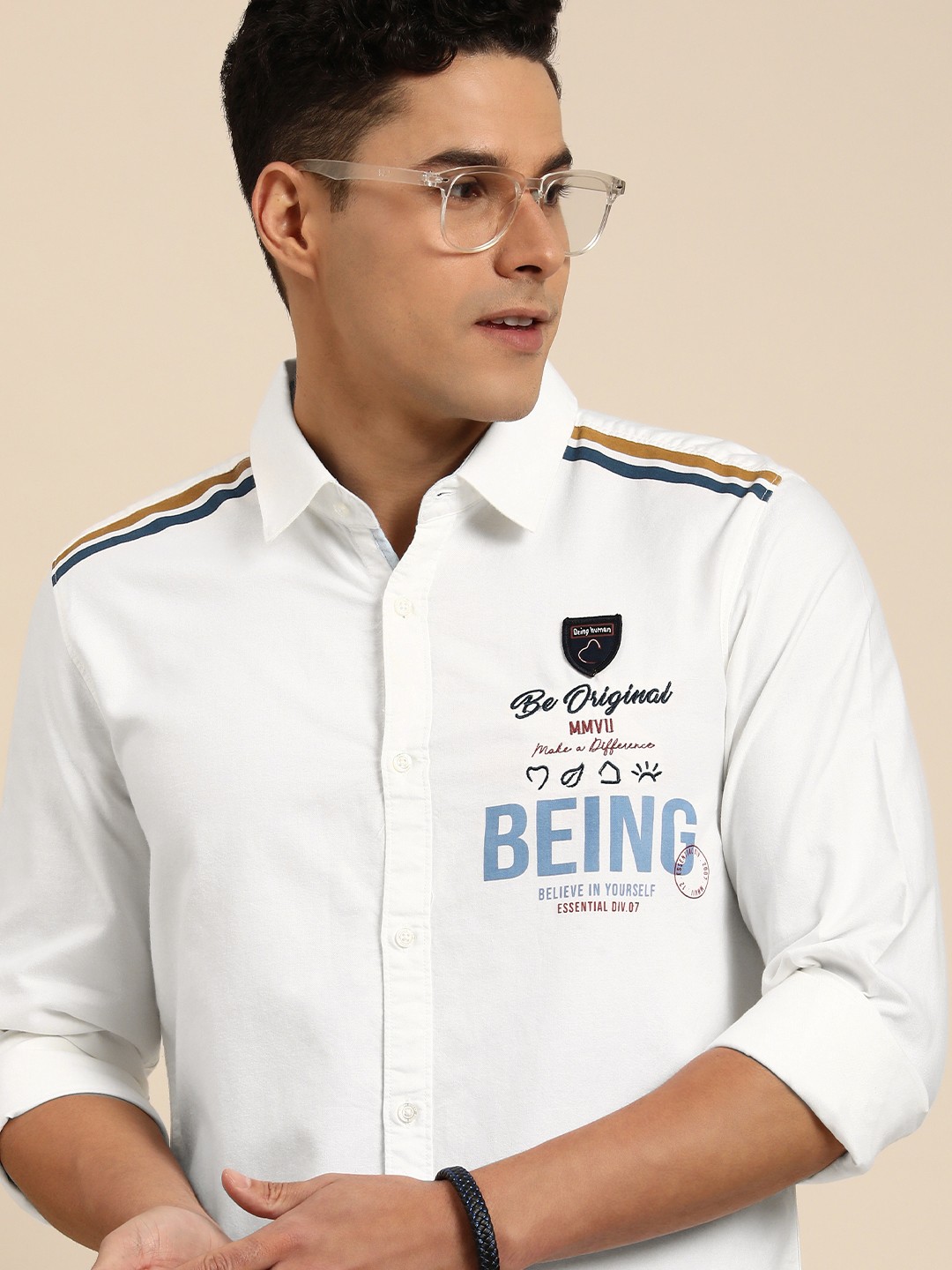 

Being Human Men Slim Fit Brand Logo Printed Pure Cotton Casual Shirt, White