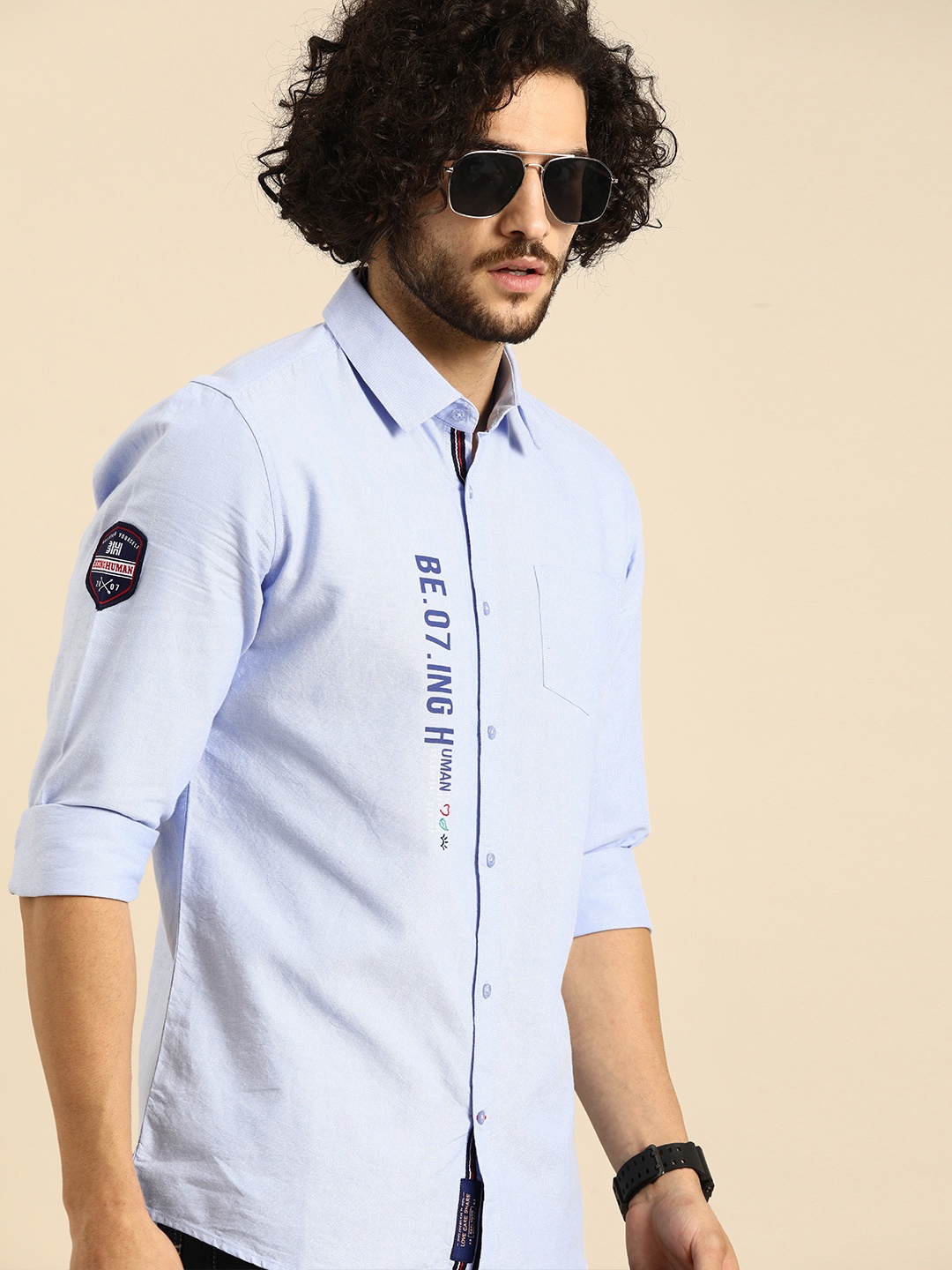 

Being Human Clothing Men Blue Slim Fit Solid Casual Shirt With Printed Detailing