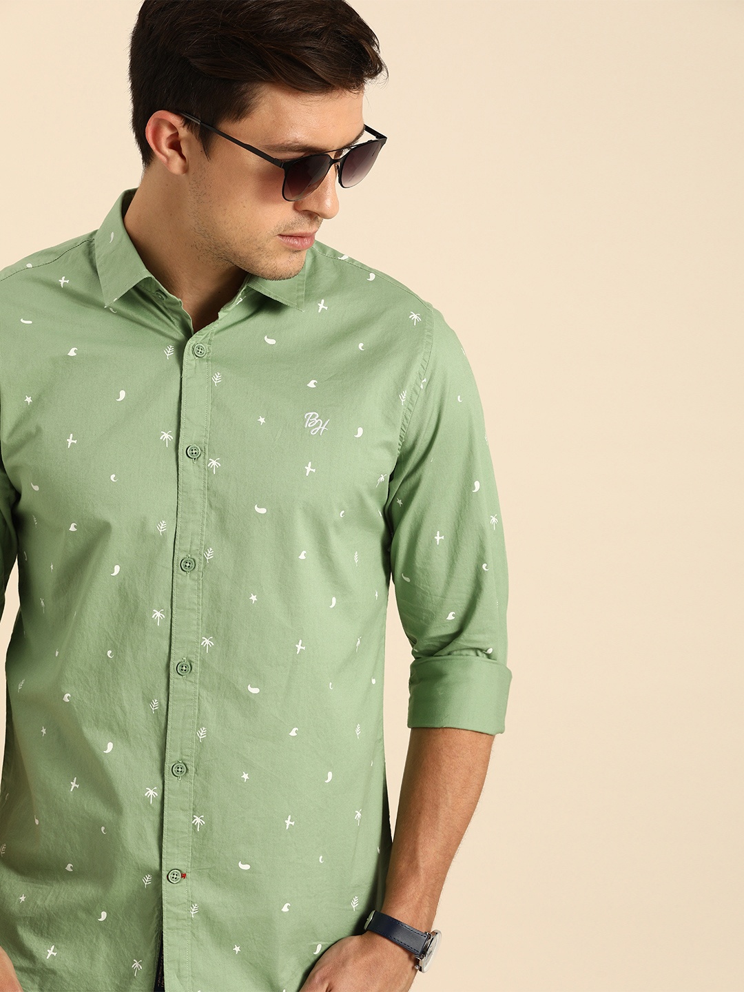 

Being Human Men Olive Green & White Slim Fit Printed Casual Shirt