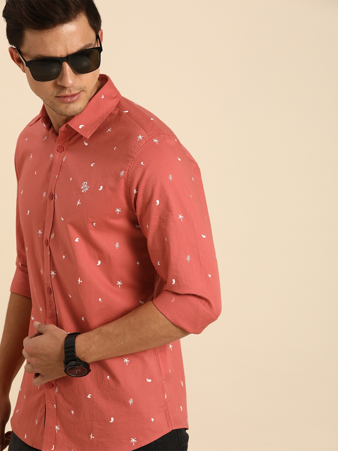 

Being Human Men Coral & White Regular Fit Printed Casual Shirt