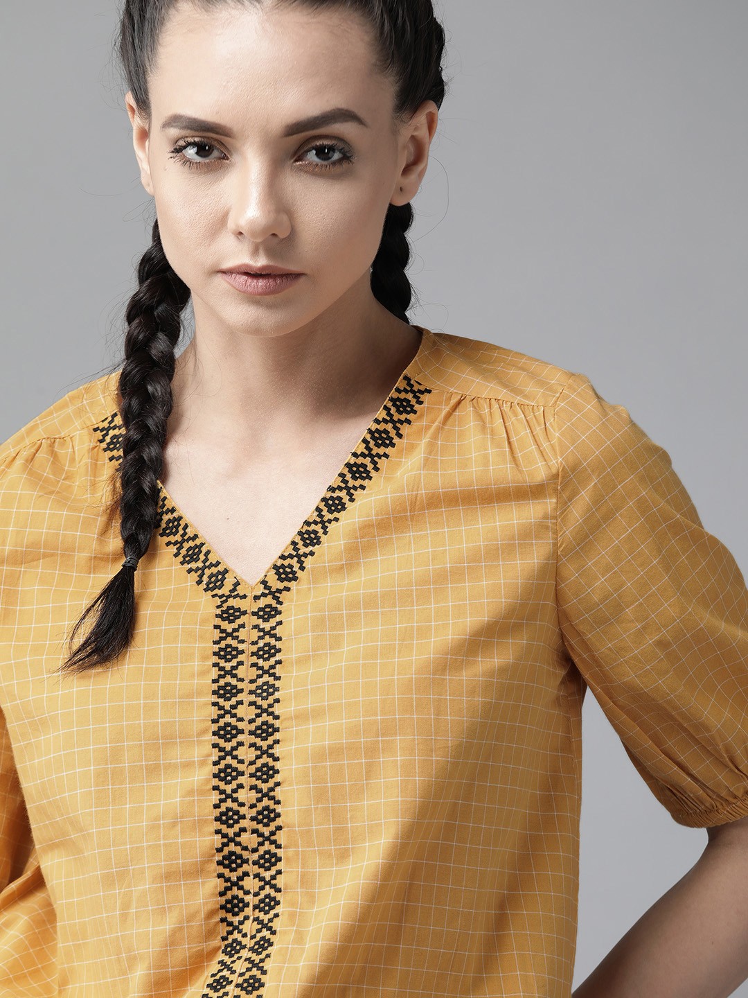 

The Roadster Lifestyle Co Mustard Yellow & Black Checked Puff Sleeves Pure Cotton Blouson Top