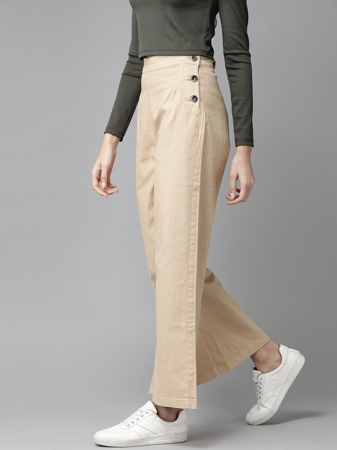 

Roadster Women Beige Regular Fit High-Rise Self-Striped Sustainable Trousers