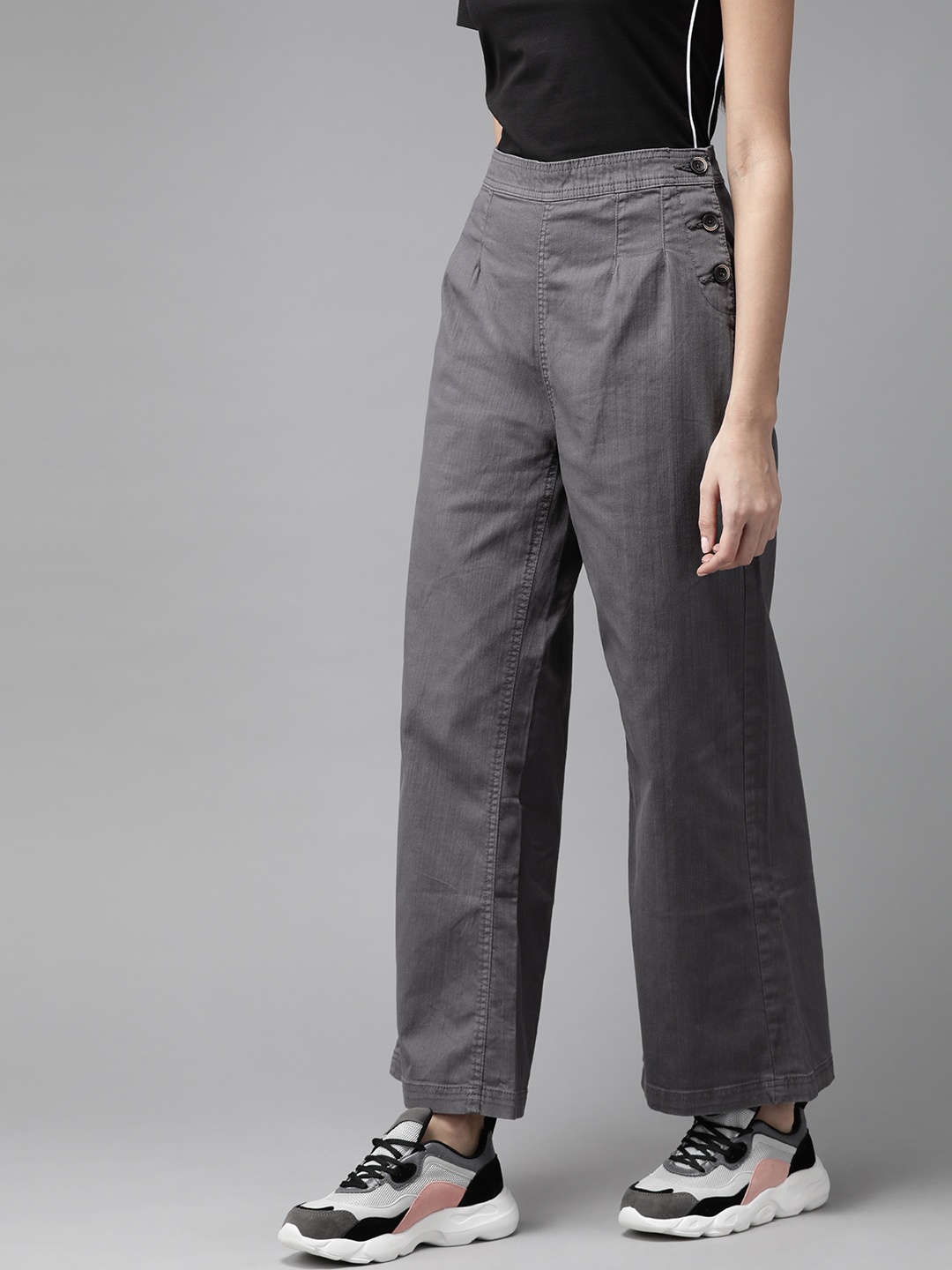 

Roadster Women Charcoal Grey Solid High-Waist Flared Trousers
