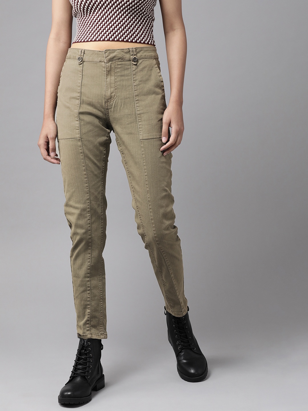

The Roadster Lifestyle Co Women Olive Green Skinny Fit Solid Regular Trousers