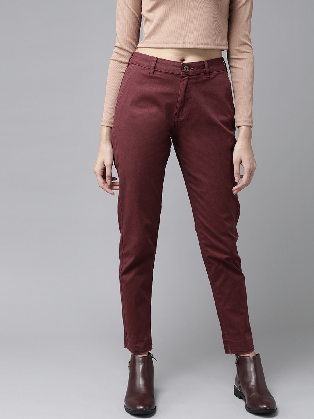 

The Roadster Lifestyle Co Women Burgundy Slim Fit Solid Chinos