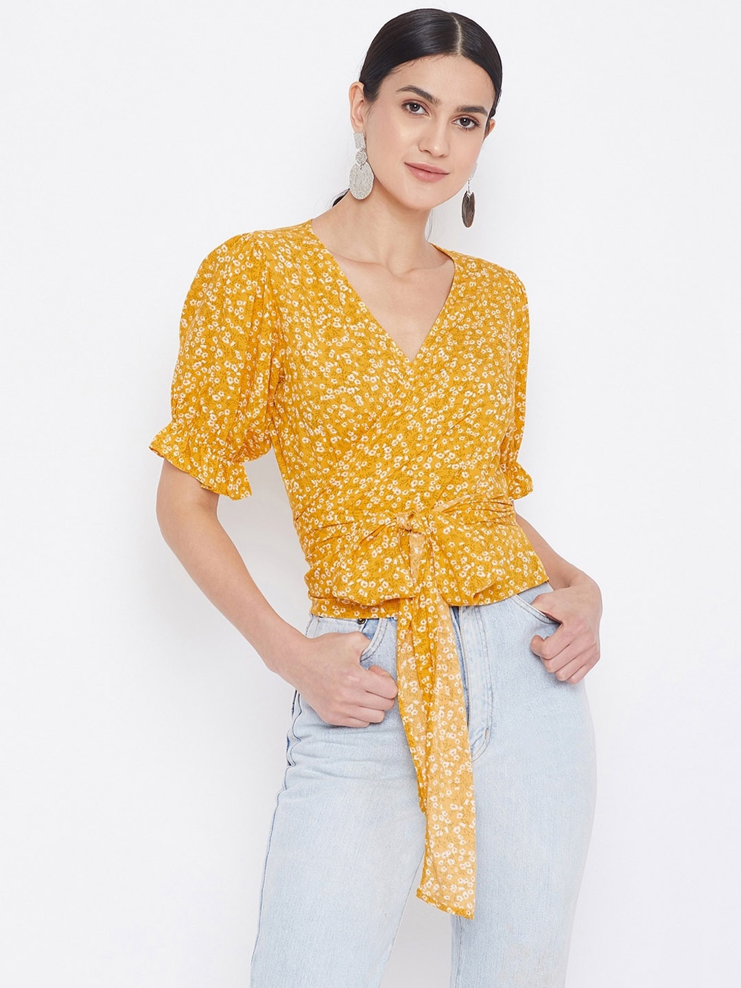 

Berrylush Women Yellow Printed Wrap Top