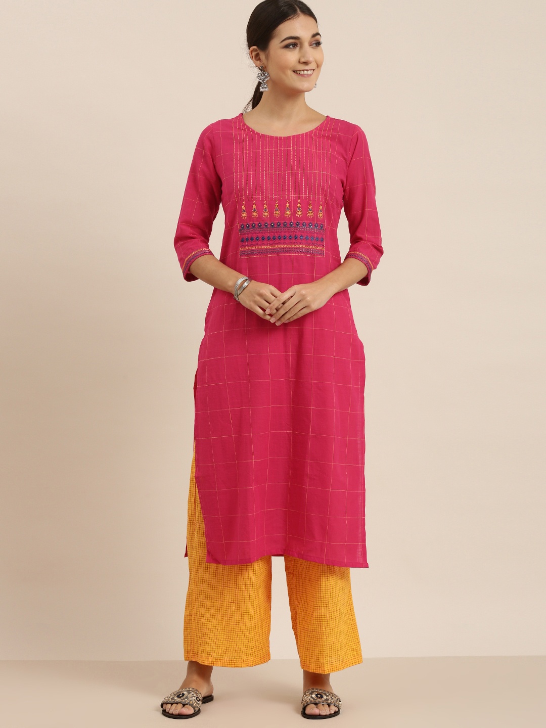 

Vishudh Women Pink & Mustard Printed Kurta with Palazzo