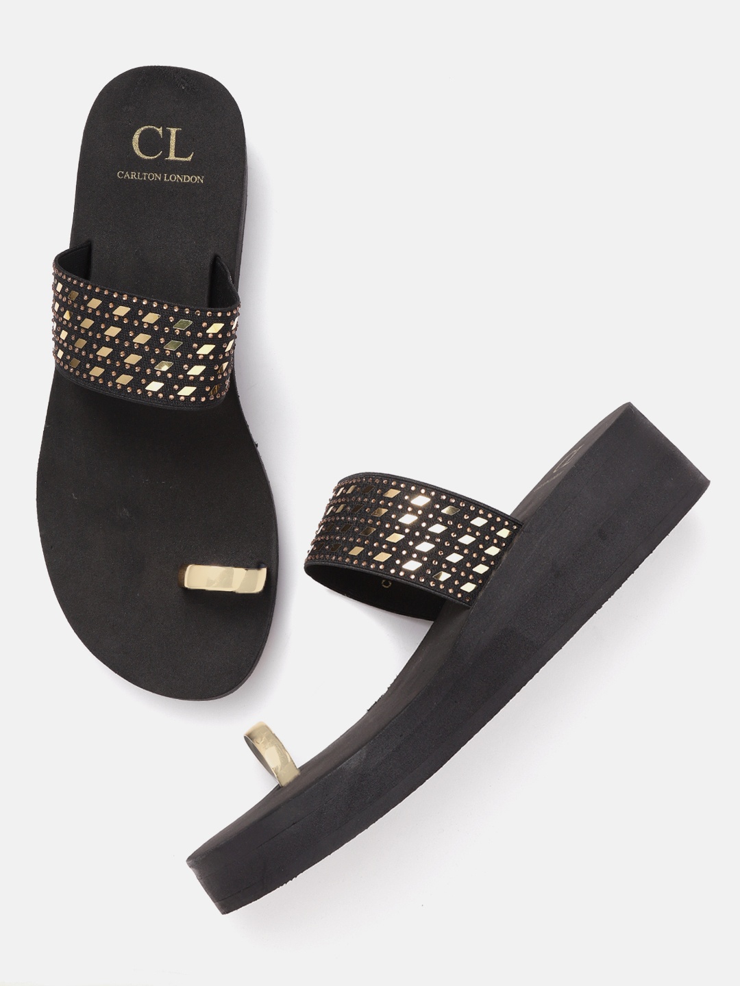 

Carlton London Women Black & Gold-Toned Embellished One Toe Flatforms