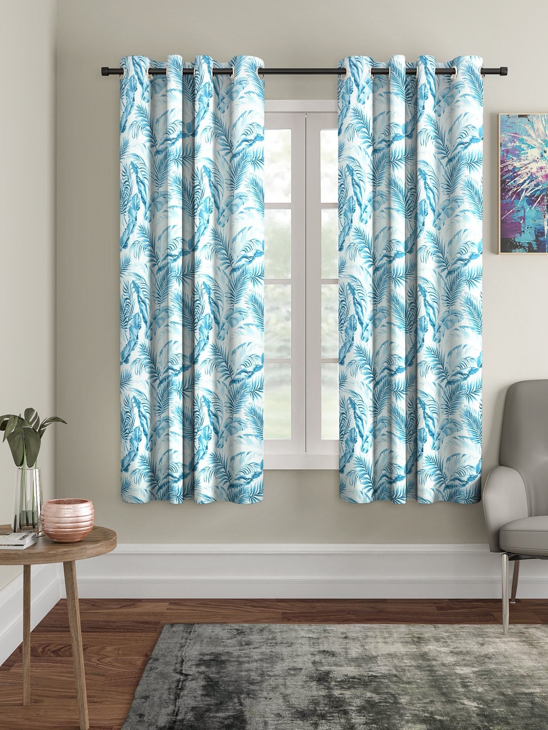 

Cortina White & Blue Set of 2 Printed Digital Printed Window Curtains