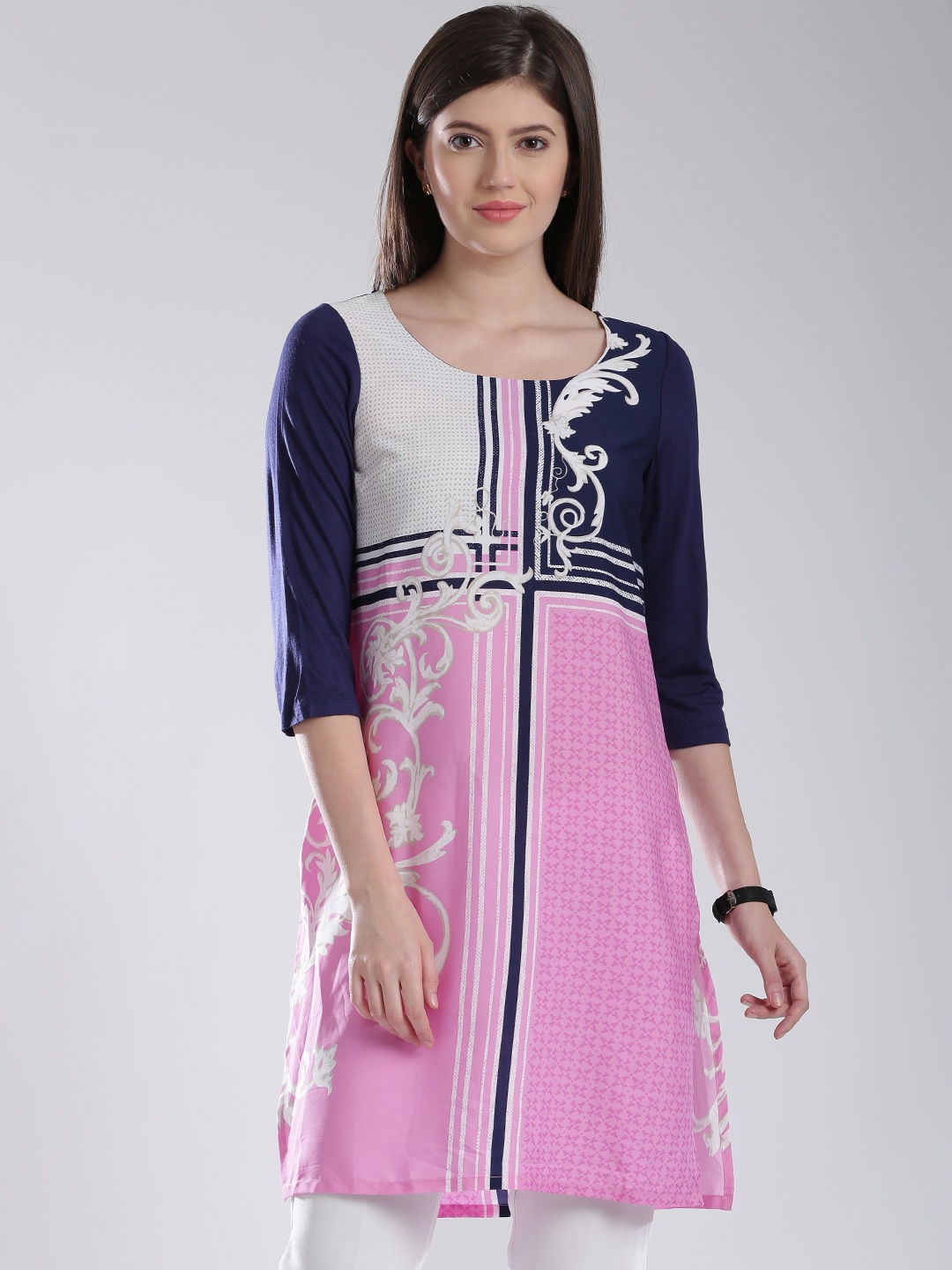 

W Pink & Navy Polyester Printed Kurta
