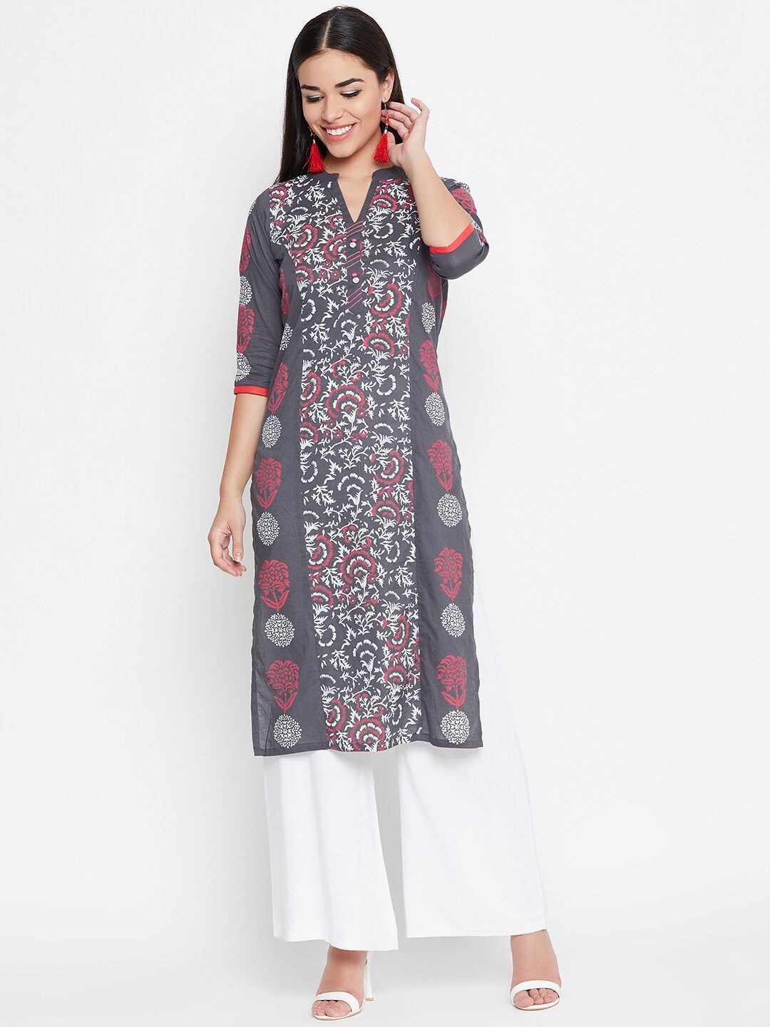 

WineRed Women Grey Printed Straight Cotton Kurta