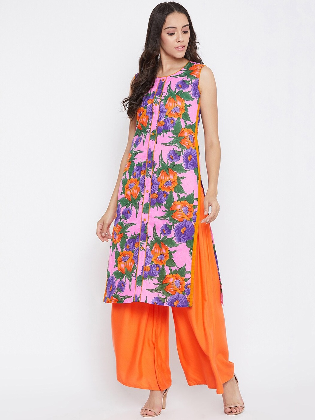 

WineRed Women Pink & Orange Printed Straight Kurta