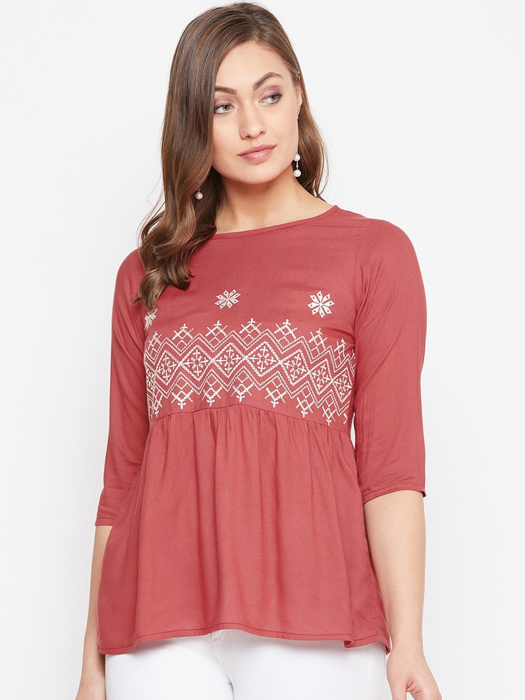 

WineRed Women Maroon Embroidered A-Line Top