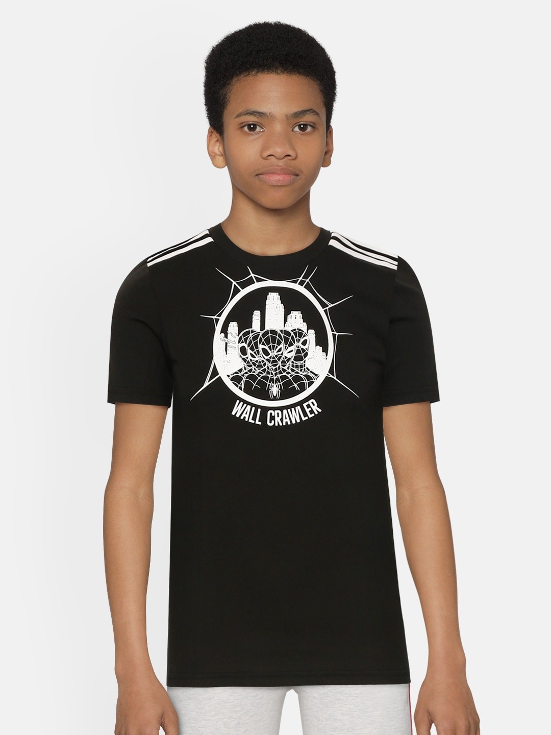 

ADIDAS Boys Black White Spiderman Print Pure Cotton Sports Pure Cotton Sustainable T-shirt