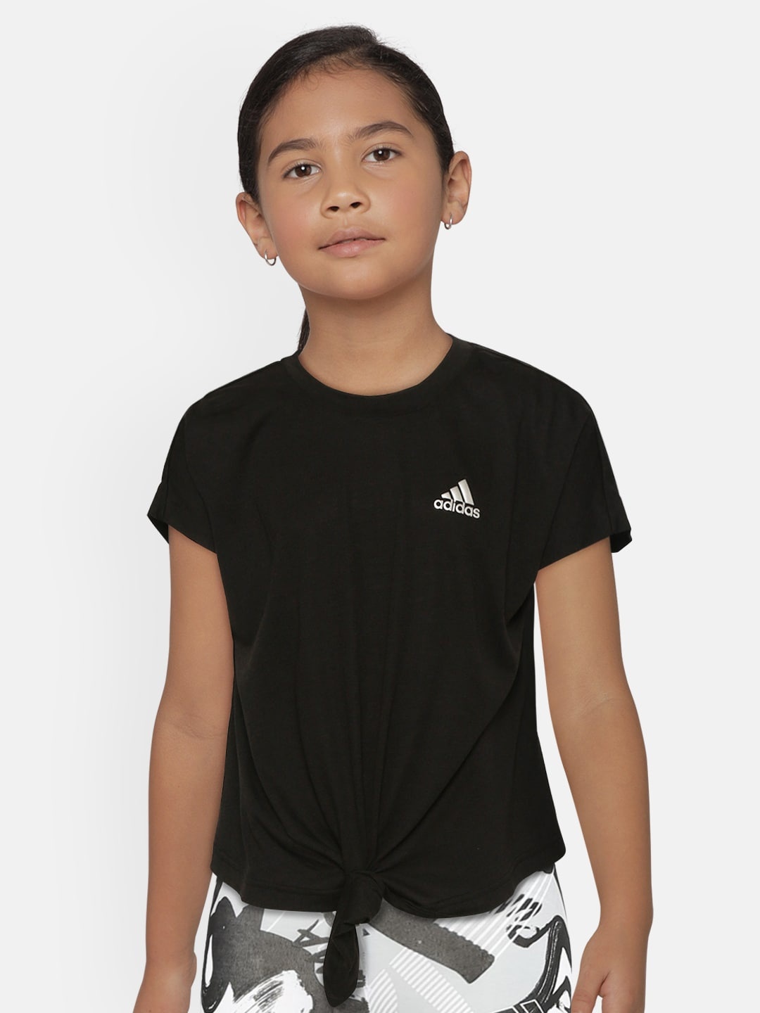 

ADIDAS Girls Black Solid Loose Fit Primegreen Dance Sustainable T-shirt with Waist Tie-Up