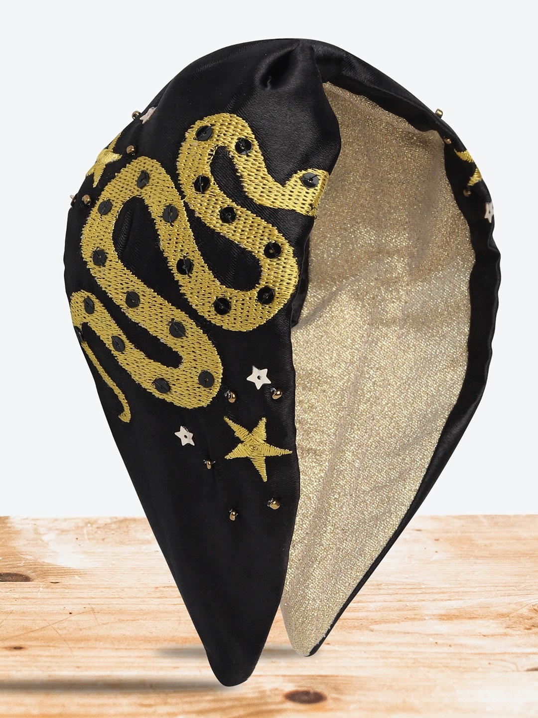 

Blueberry Women Black Yellow Snake Embroidered Knot Hairband with Embellished Detail