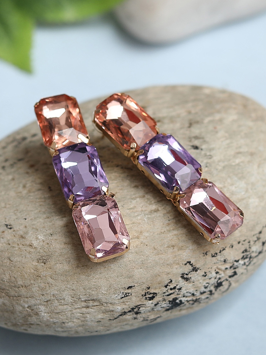 

Blueberry Pink & Blue Gold-Plated Stone-Studded Handcrafted Geometric Drop Earrings