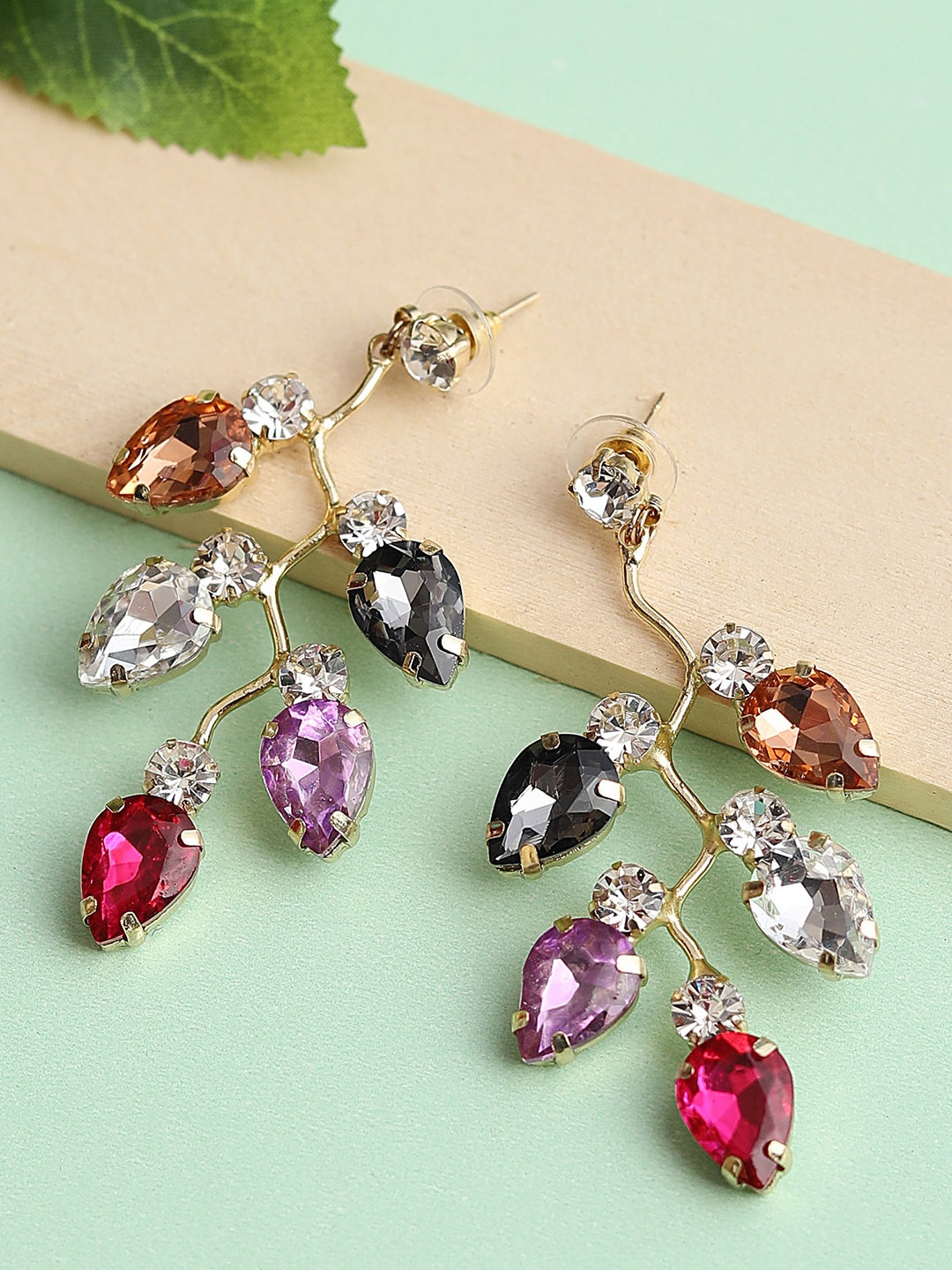 

Blueberry Multicoloured Gold-Plated Stone-Studded Handcrafted Contemporary Drop Earrings, Multi