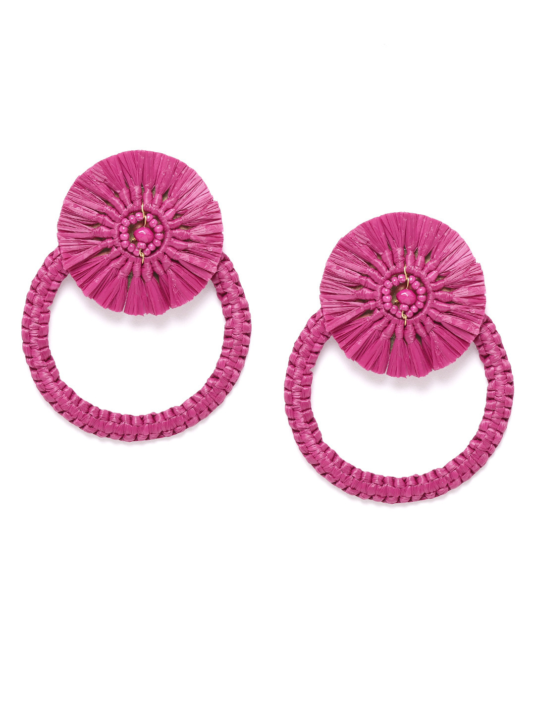 

Blueberry Magenta Circular Handcrafted Beaded Raffia Drop Earrings