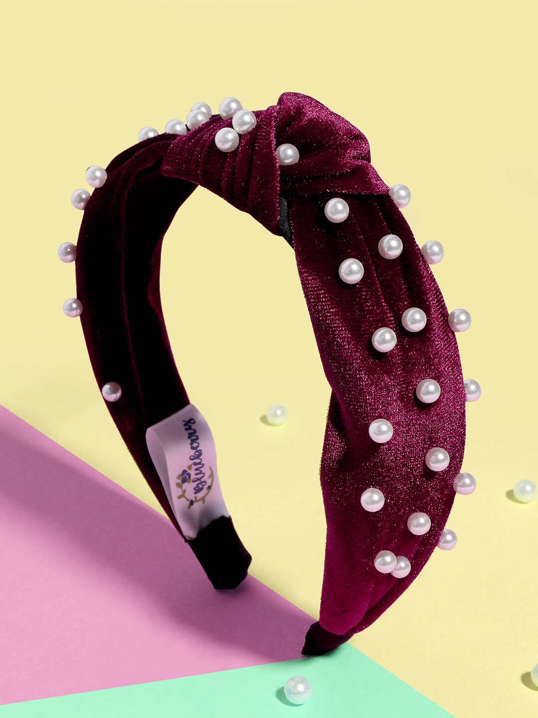 

Blueberry Women Burgundy & White Beaded Knot Detail Hairband with Velvet Finish
