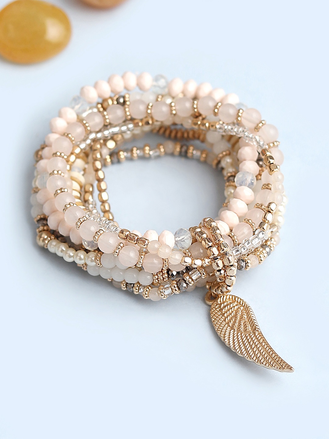 

Blueberry Set of 10 Off-White Gold-Plated Handcrafted Beaded Elasticated Bracelets
