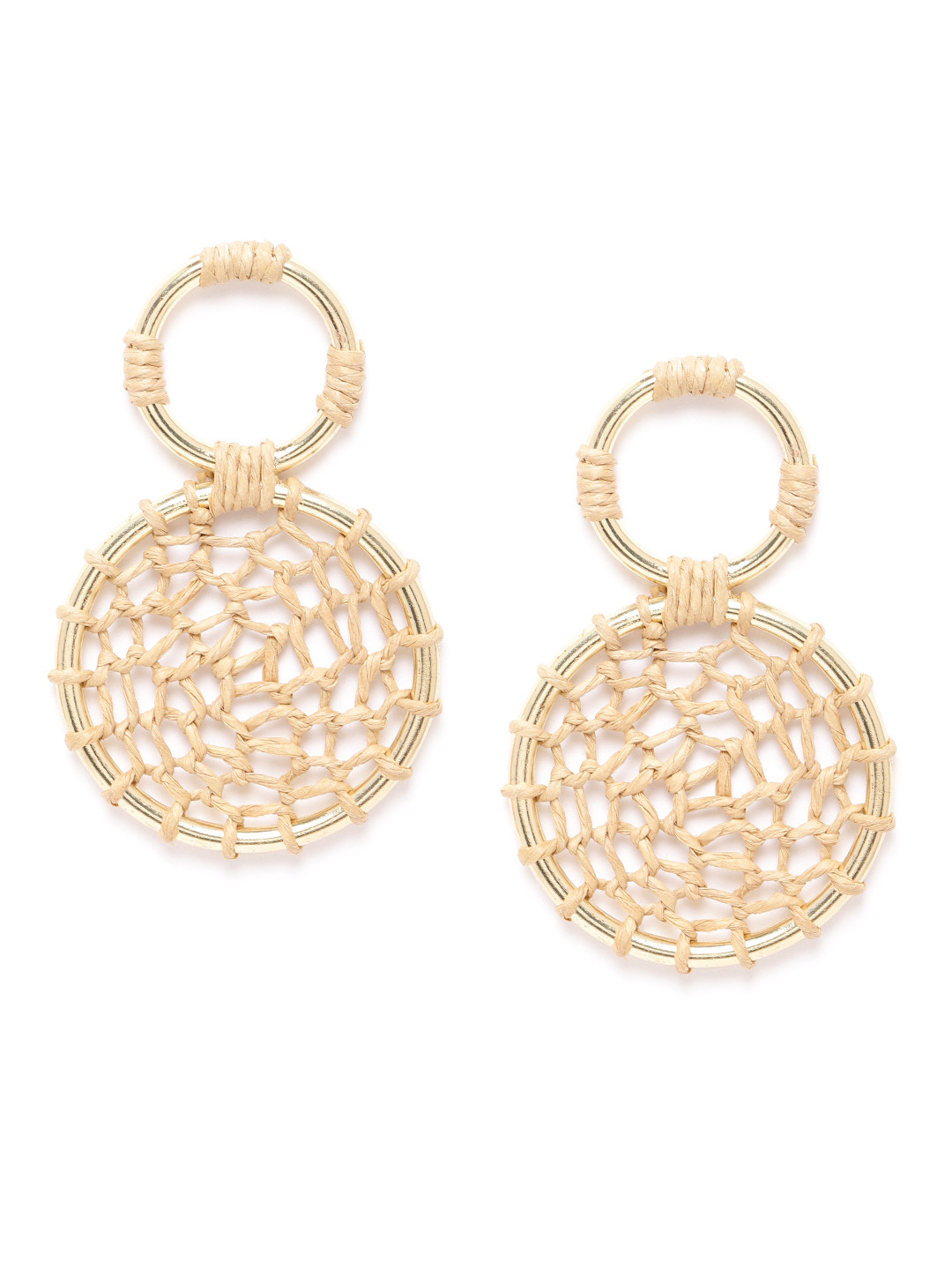 

Blueberry Beige Gold-Plated Handcrafted Jute Detail Circular Drop Earrings