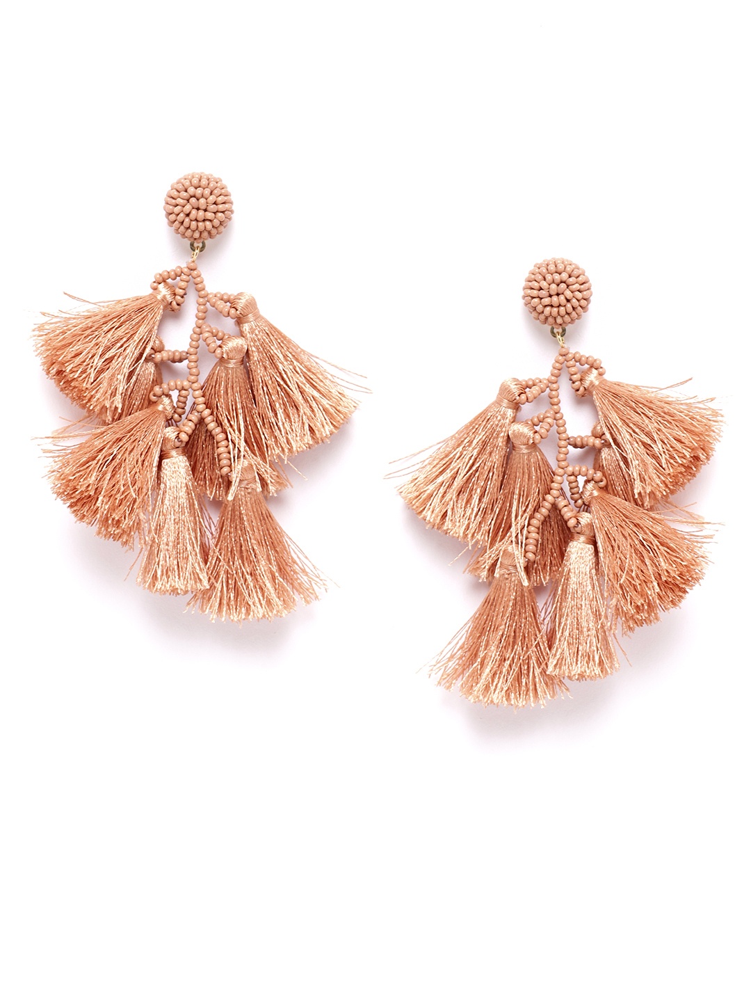 

Blueberry Peach-Coloured Gold-Plated Beaded Tasselled Contemporary Drop Earrings