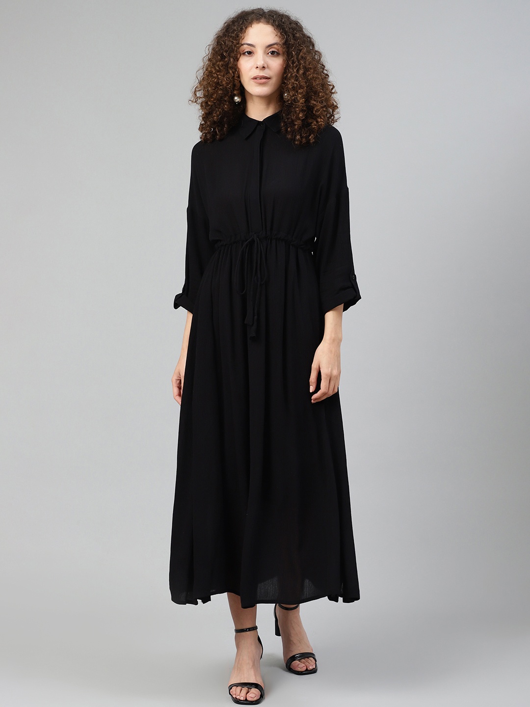 

Femella Women Black Solid Crinkled Maxi Dress
