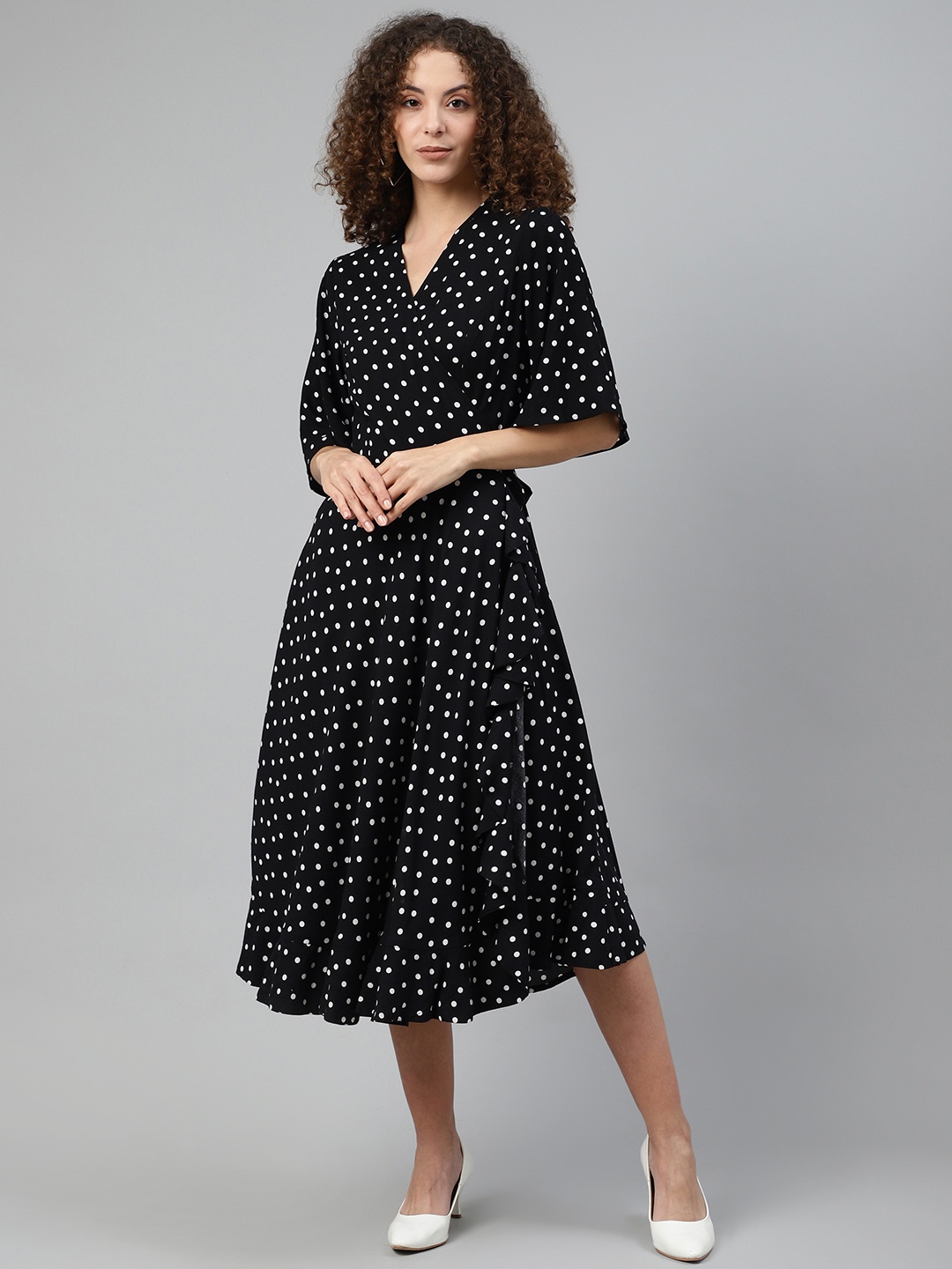 

Femella Women Black & White Polka Dots Print Wrap Dress With Waist Tie-Ups