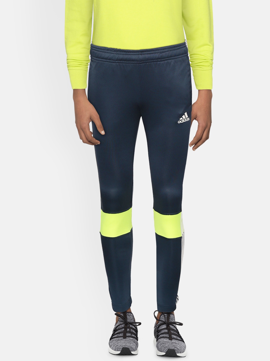 

ADIDAS Boys Navy Blue & Fluorescent Green 3 Stripes B Colourblock Detail Track Pants
