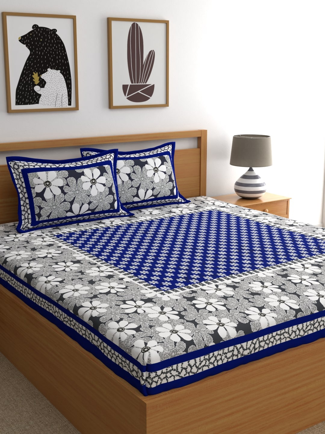 

LA VERNE Blue & Grey Floral 104 TC Cotton 1 Queen Bedsheet with 2 Pillow Covers